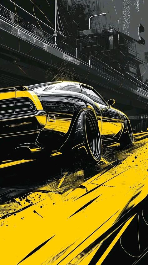 Cool Car Drawings, Car Artwork, Cool Car Pictures, Yellow Car, Cool Wallpapers Art, Car Drawings, Car Posters, Automotive Art, Drift Cars