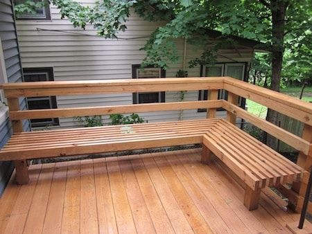 Built In Bench On Porch, Small Deck With Bench Seating, Bench Deck Railing, Floating Deck Railing Ideas, Deck Rail Seating Ideas, Deck Built In Bench, Floating Deck With Railing, Rectangle Deck Layout Ideas, Built In Deck Bench Seating