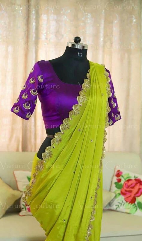 Unique Color Combinations For Dress, Green With Purple Outfit, Parrot Green Contrast Colour, Latest Saree Colour Combination, Saree Blouse Contrast Combination, Plain Saree Color Combinations, Saree Blouse Colour Combination, Saree Colour Combination Ideas, Colour Combination With Purple