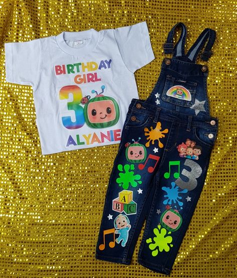 Cocomelon Clothes, Cocomelon Birthday Outfit, Custom Overalls, Baby Birthday Party Theme, Cocomelon Birthday, 2nd Birthday Boys, Pool Birthday, Custom Jeans, Pool Birthday Party