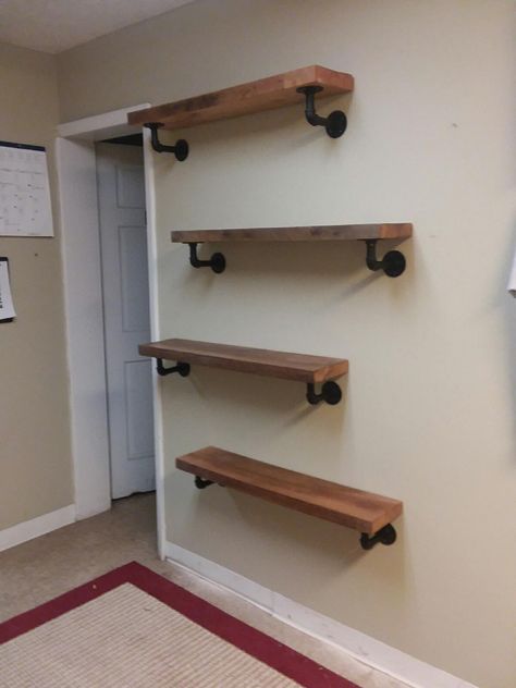 Wood Shelves Pipe Brackets, Wall Shelves Design Shelf Ideas, Plumbers Pipe Shelving, Plumbing Shelves, Shelves With Pipes, Diy Office Shelves, Pipe And Wood Shelves, Pipe Shelves Diy, Diy Industrial Shelves