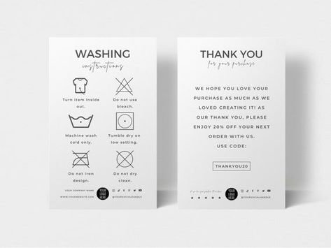 Editable Washing Instructions Card Template, Clothing Care Cards, Tshirt Wash Guide, Printable Shirt Packaging Insert Canva Templates - Etsy UK logoexpose #graphiclogo #businesslogo #logotypedesign Tshirt Care Instructions Free Printable, Wash Care Instructions Tags, Washing Instructions Label, Clothing Thank You Card Design, Product Info Card Design, Thank You Card For Clothing Brand, Washing Instructions Card, Warranty Card Design, Washcare Labels