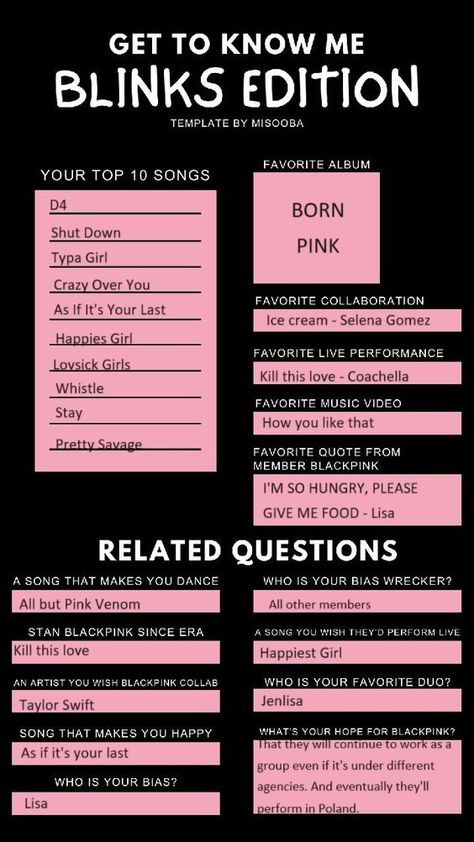 Get To Know Me Kpop Edition, Blackpink Quotes Wallpaper, Blackpink Journal Ideas, Blackpink Poster Aesthetic, Blackpink Diary, Blackpink Journal, Blackpink Wallpaper Aesthetic, Blackpink Drawing, Blackpink Pics