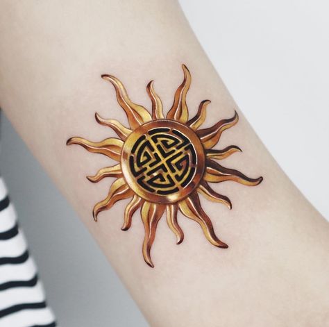 Gold Tattoos, Celtic Dragon Tattoos, Sun Mandala, Gold Tattoo, Metal Tattoo, Sun Tattoos, Celtic Dragon, Golden Design, Gold Dragon