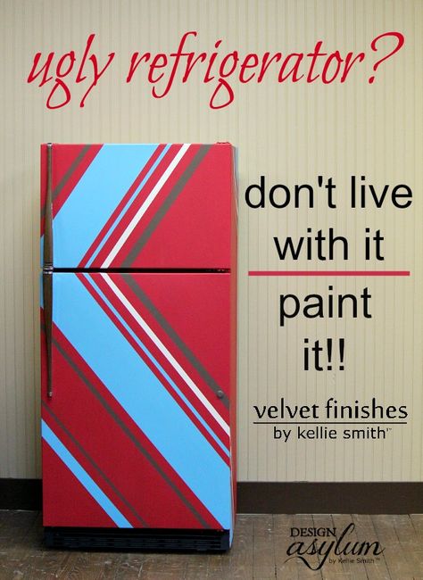 Is an ugly old refrigerator bringing you down? Don't live with it, paint your refrigerator with Velvet Finishes! Angled stripes tutorial included! Fridge Painting Ideas, Fridge Paint, Fridge Painting, Garage Fridge, Refrigerator Design, Refrigerator Makeover, Painting Appliances, Paper Spider, White Fridge