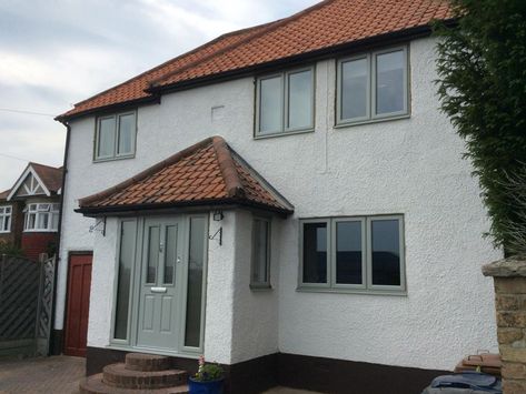 Berkshire suppliers of composite front & back doors - Somerville Brick Porch Ideas Uk, Agate Grey Windows With Render, Rendered Porch, Rendered House Exterior Uk, Front Porch Uk, Agate Grey Front Door, Agate Grey Windows, 1930s Porch, Porch Ideas Entrance