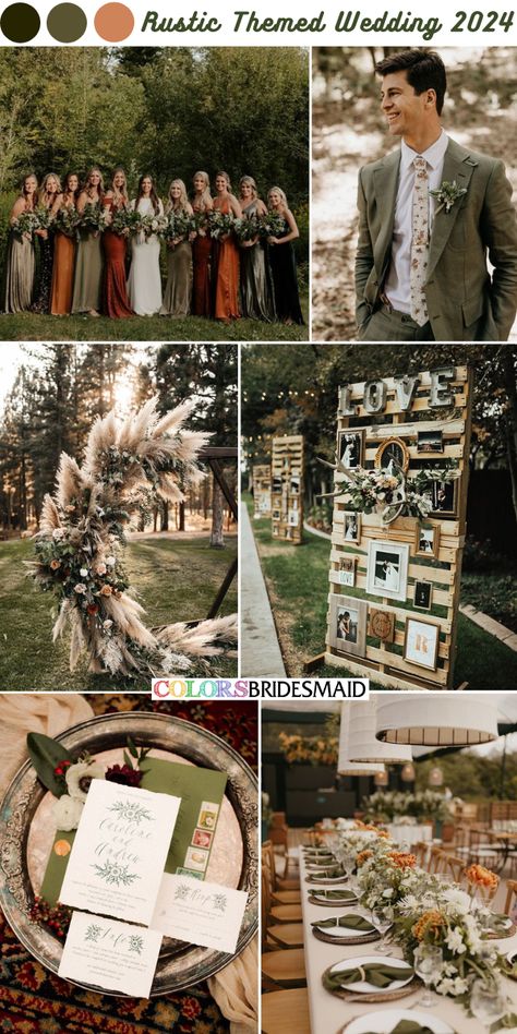 Hottest 2024 Wedding Colors and Trends for Bride-to-be - ColorsBridesmaid Green Rust Wedding Theme, Rust And Green Wedding Party, Groomsmen Forest Wedding, Spice Wedding Colors, Forest Green And Rust Wedding, Olive And Rust Wedding, September Wedding Colors Rustic, Fall Wedding Color Schemes September, Earth Tone Wedding Theme