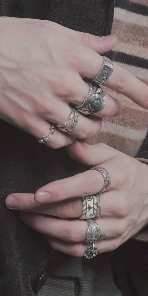 Male Hand With Rings Aesthetic, Alt Rings Aesthetic Men, Male Hand With Rings, Aesthetic Mens Rings, Masculine Rings Aesthetic, Masculine Hands With Rings, Multiple Rings On Hand Men, Masc Hands With Rings, Men Assesories Aesthetic