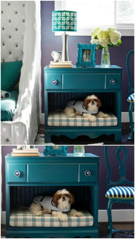 DIY Pet Bed Nightstand Easy Diy Nightstand, Dog Retreat, Old Dresser Makeover, Dresser Makeover Ideas, Bed Night Stand, Dogs Ideas, Nightstand Ideas, Bed Night, Pet Room