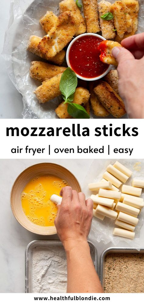 These crispy homemade gluten free mozzarella sticks are so easy to make in the air fryer or baked in the oven. They have a golden breaded outside and gooey cheesy inside – addictively delicious! Gluten Free Air Fryer Mozzarella Sticks, Gluten Free Cheese Bread Sticks, Gluten Free Cheese Sticks, Gluten Free Dips And Appetizers, Air Fryer Gluten Free Recipes, Gluten Free Air Fryer Recipes, Gluten Free Party Snacks, Gluten Free Mozzarella Sticks, Gluten Free Italian Recipes