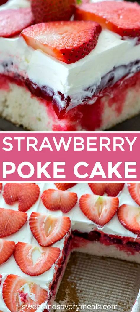 Strawberry Poke Cake is made with white cake, soaked with a mixture of white chocolate strawberry sauce, topped with strawberry pie filling and creamy whipped cream. #pokecake #strawberry #cakerecipes #dessertrecipes #easyrecipe #sweetandsavorymeals Strawberry Poke Cake, Poke Cake Jello, Mousse Au Chocolat Torte, Strawberry Poke Cakes, Smores Dessert, Strawberry Pie Filling, Strawberry Dessert Recipes, Strawberry Cake Recipes, Torte Cupcake