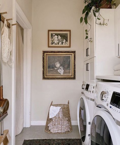 Laundry Room Off Of Kitchen, Laundry Room Facelift, Boho Laundry Room Door, Styling A Laundry Room, Gallery Laundry Room, Bungalow Laundry Room, Laundry Room With Mirror, Powder Room In Laundry Room, Homestead Laundry Room