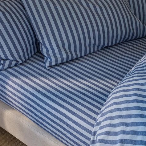 Blue Striped Sheets Bedroom, Mixed Bedding Patterns, Blue Striped Comforter, Blue Bedding Set, Fun Bed Sheets, Blue Striped Sheets, Cool Bed Sheets, Patterned Bed Sheets, Blue Striped Bedding