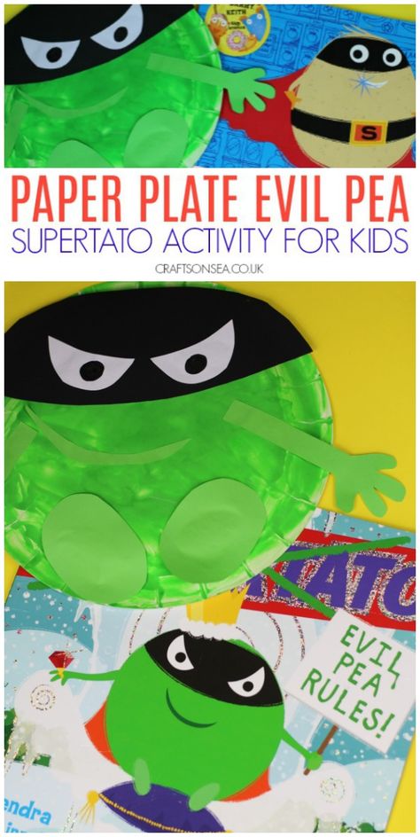 Supertato Activities for Kids: Paper Plate Evil Pea Craft #kidscrafts #preschool Superpotato Activities, Superhero Activities Eyfs, Supertato Eyfs Activities, Supertato Crafts, Supertato Activities, Supertato Eyfs, Superheroes Eyfs, Holiday Games For Kids, Superhero Preschool