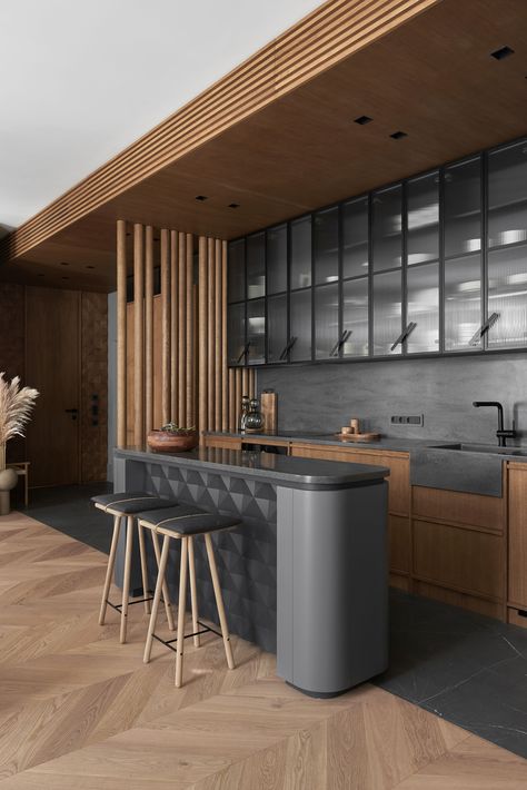 Barin House on Behance Modern Zen Kitchen, Zen Kitchen, Breakfast Counter, Grand Kitchen, Loft Kitchen, Condo Design, Modern Kitchen Cabinet Design, Counter Design, Kitchen Design Trends