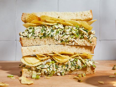 Chicken salad sandwich with potato chip crunch | Recipe | Kitchen Stories Potato Chip Sandwich, Crispy Chicken Ceasar Salad Sandwiches, Fish And Chips Sandwich, Sandwich With Chips, Chicken Curry Salad Sandwich, Sandwich And Chips, Chicken Ceasar Salad Croissant Sandwich, Chip Sandwich, Creamy Chicken Salad