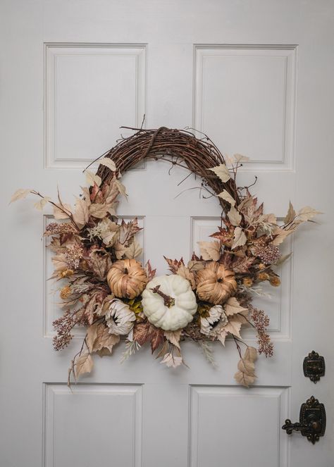 Look no further than this neutral, whimsical,  and leafy fall wreath, with pumpkins, mums, berries and other fall accents. Instantly bring the autumn season to your home with this wreath inside or outside on your door, above your mantle, or even on the range hood or an entry way wall. All products are custom made to order, so some variation from product photo is to be expected. It is my goal to bring the highest quality product to customers with as similar faux floral as possible. Custom Orders Wreaths With Initials Wooden Letters, Pumpkin Fall Wreath, Boho Fall Decor, Wreath Inside, Fall Decor Wreaths, Fall Accents, Fall Door Decorations, Diy Fall Wreath, Boho Fall