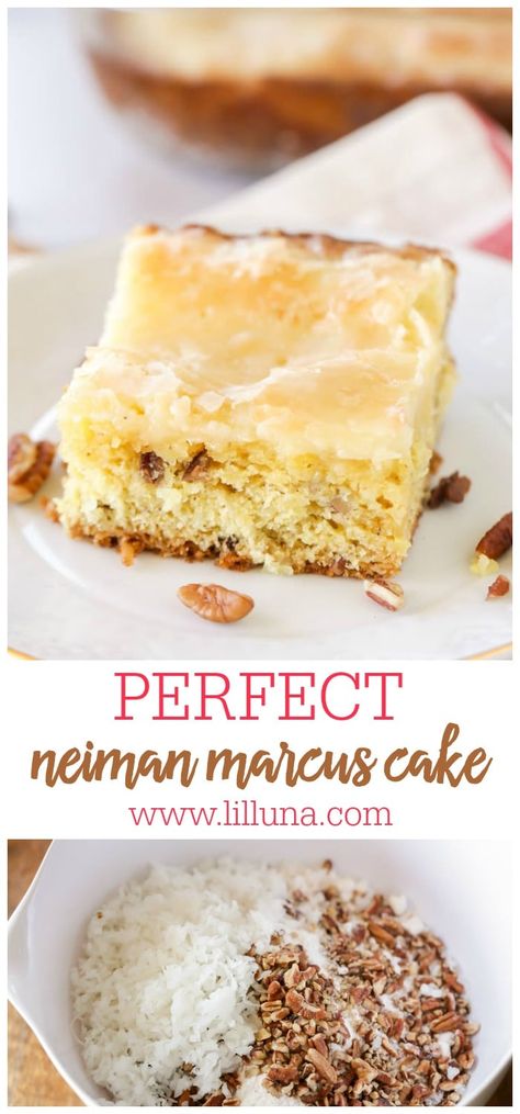 A delicious and rich cake with a flavorful crust and creamy batter on top that is butter-y and addicting! The perfect dessert for any occasion. #neimanmarcuscake #neimanmarcuscakerecipe #cakerecipe #neimanmarcus #cake Neiman Marcus Cake, Boxed Cake Mixes Recipes, Cake Mix Desserts, Lil Luna, Rich Cake, Nieman Marcus, Lemon Squares, Sunday Recipes, Vegetarian Cake