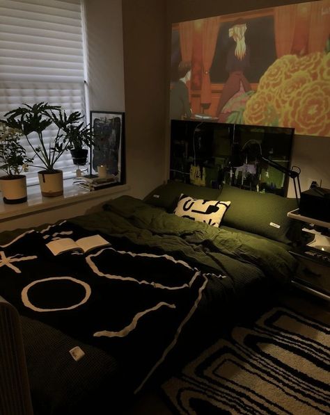 Guys Aesthetic Bedroom, Bed On Floor Ideas Men, Men’s Small Room Ideas, Rectangle Shape Bedroom Ideas, Man Cave Studio Apartment, Guy Bedroom Aesthetic Cozy, Aesthetic Bedroom Guys, Room Ideas Aesthetic Men Vintage, Cozy Room Decor Men