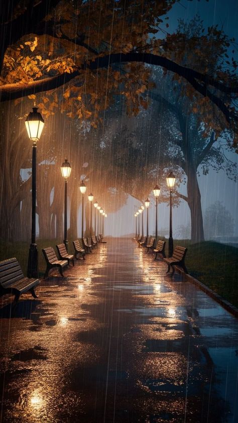 Beautiful Rainy Day Pictures, Autumn Cozy Rainy Days, Cozy Rainy Night Aesthetic, Rainy Backgrounds, Cozy Rainy Day Aesthetic, Street Light At Night, Silent Photography, Surroundings Art, Dark Rainy Night