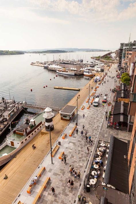 The Waterfront Promenade at Aker Brygge by Link Landskap « Landscape Architecture Platform | Landezine Waterfront Architecture, Villa Architecture, Landscape Steps, Landscape Gardening, Public Space Design, Plans Architecture, Desain Lanskap, Tunbridge Wells, Landscape And Urbanism