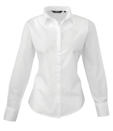 Women's easycare long sleeve blouse. Soft collar styling. Rounded bottom hem. Fitted styling with bust and back darts. Pearlised buttons on white shirt, self colour buttons on black. Double buttons on cuff. WRAP certified. BSCI certified. Reach certified. SEDEX certified. Poplin Blouse, Plain Blouse, Work Shirts, Long Blouse, White Blouse, Sheer Blouse, Striped Blouse, Short Sleeve Blouse, Karl Lagerfeld