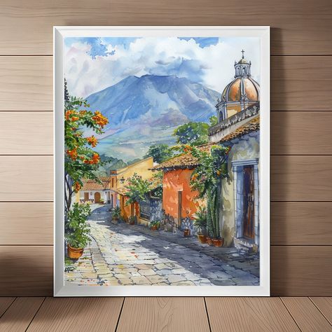 Guatemala Painting, Antigua Art Print, Spanish Colonial Wall Art, Watercolor Streetscape Guatemala Volcano Travel Art Instant Download Colonial Wall Art, Guatemala Painting, Guatemala Volcano, Guatemala Art, Guatemalan Art, Wall Art Watercolor, Shop Art Prints, Spanish Colonial, Fine Art Photo