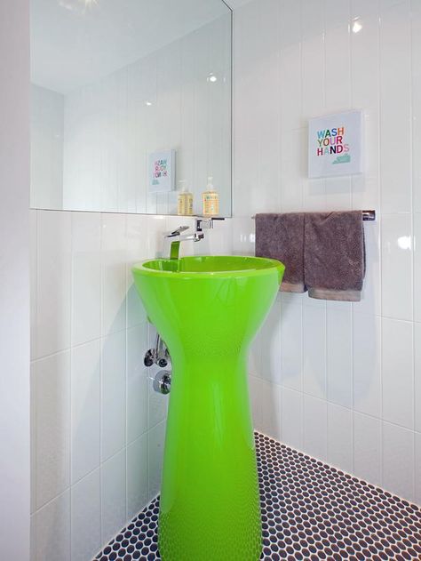 Basement bath? 20+ Ways to Decorate Your Home With Neon Colors : Decorating : Home & Garden Television Lime Green Bathrooms, Kid Friendly Bathroom, Green Bathrooms, Neon Home Decor, Kids Bathroom Design, Modern Powder Room, Green Sink, Penny Round Tiles, Bathroom Color