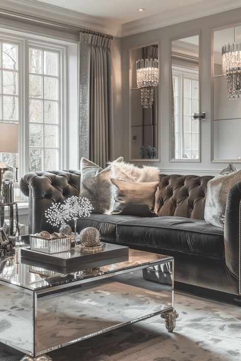 How to Design a Chic Living Room Around a Grey Sofa: 45+ Ideas! Silver Glam Living Room Decor, Grey Chesterfield Sofa Living Rooms, Glam Grey Living Room, Living Room Inspiration Grey, Chesterfield Sofa Living Room, Glamorous Living Room, Silver Living Room, Glamorous Living, Grey Sofa Living Room