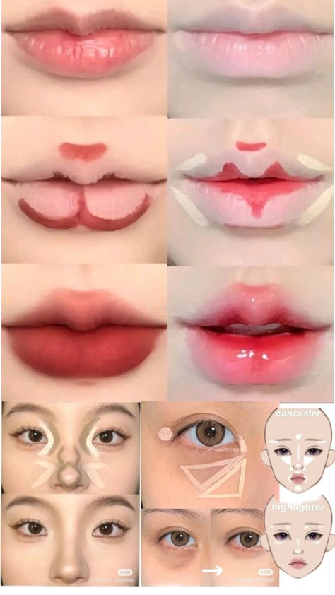 Lip Makeup For Small Lips, Makeup Placement Face Chart, How To Make Lips Look Bigger, Baby Doll Makeup, Japan Makeup, Ball Makeup, Natural Eye Makeup Tutorial, Asian Makeup Tutorials, Makeup Charts