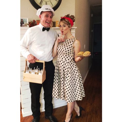 Milkman And Housewife Costume, Milk Man Costume, Milkman Costume, Housewife Costume, Retro Bridal Showers, Pregnancy Costumes, Pregnant Halloween Costumes, Milk Man, Retro Bridal