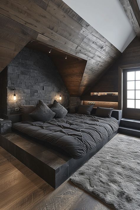 Dark and moody bedroom Aesthetic Teen Bedroom, Gray Color Schemes, Dark Modern Bedroom, Small Outdoor Kitchen Design, Moody Bedroom Decor, Dark And Moody Bedroom, Small Outdoor Kitchens, Upholstered Wall Panels, Boys Bedroom Makeover