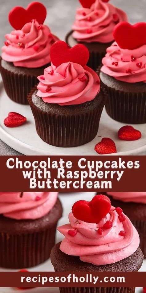 Chocolate Cupcakes with Raspberry Buttercream Frosting Raspberry Buttercream Frosting, Chocolate Raspberry Cupcakes, Raspberry Frosting, Raspberry Cupcakes, Chocolate Cupcakes Moist, Raspberry Buttercream, Chilled Desserts, Unsweetened Chocolate, Chocolate Cream