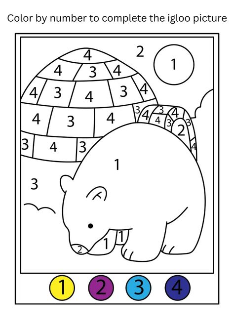 winter igloo polar bear color by number Artic Animals Coloring Pages, Polar Bear Coloring Pages Free Printable, Polar Bear Worksheets Preschool, Polar Animals Preschool Crafts, Polar Bear Craft Preschool, Polar Animals Preschool Activities, Winter Animals Preschool Activities, Polar Bear Activities, Polar Bears Preschool