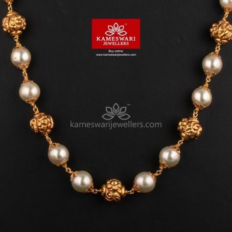 Long Necklaces Gold, Flower Pearl Necklace, Kameswari Jewellers, Couples Necklace, Gold Pearl Jewelry, Antique Gold Jewelry Indian, Pearl Jewelry Design, Beautiful Gold Necklaces, Gold Jewelry Simple Necklace