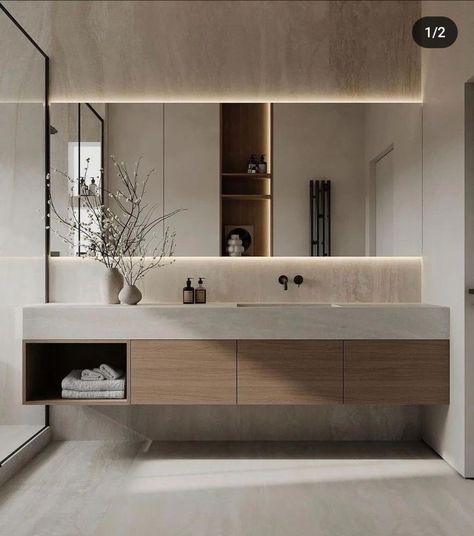 Luxury Modern Bathroom Master Baths Floating Vanity, Luxury Modern Bathroom Master Baths, Elegant Bathroom Design Luxury Bath, Modern Bathroom Master, Floating Double Vanity Bathroom, Hotel Vanity, Minimal Bathroom Design, Luxury Modern Bathroom, Elegant Bathroom Design