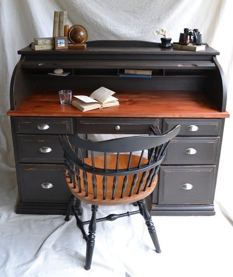 Black Roll Top Desk - Ideas on Foter Desk Redo, Roll Top Desk, Desk Makeover, Furniture Update, Chair Makeover, Furniture Rehab, Distressed Furniture, Black Desk, Furniture Renovation