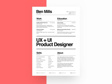 UX/UI Designer Resumé by Ben Mills | Dribbble | Dribbble Ux Cv Design, Cover Letter Creative, Cv Illustrator, Swiss Typography, Resume Design Free, Cv Inspiration, Graphic Design Cv, Graphic Design Jobs, Design Resume