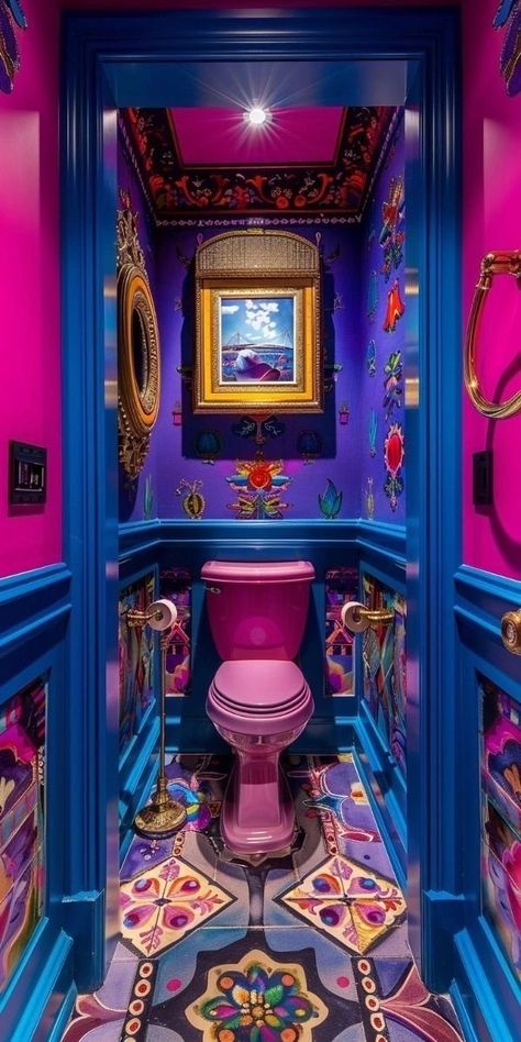 Bright Toilet Room, Eclectic Bathroom Ideas, Colorful Powder Room, Powder Room Design Ideas, Artistic Bathroom, Pink Toilet, Powder Room Design, Minimal Space, Maximalist Decor