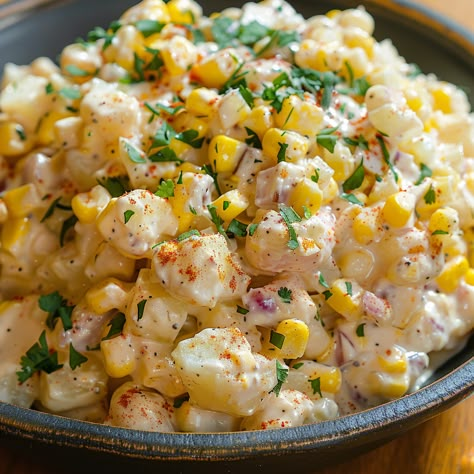 Mexican Street Corn Potato Salad Street Corn Potato Salad, Mexican Street Corn Potato Salad, Hot Potato Salad Recipe, Corn Salad Healthy, Mexican Potato Salad, Corn Potato Salad, Corn Casserole With Cream Cheese, Mexican Street Corn Casserole, Catering Appetizers