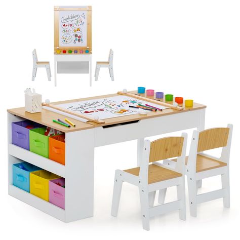 PRICES MAY VARY. 【All-in-1 Design】: This HONEY JOY kids table and chair set can serve as an art easel when the tabletop is lifted. When lowered down, this drawing and painting table for kids becomes a normal desk for painting, writing, reading, playing, etc. Plus, with the paper roll holder, fixing rod for paper, replaceable paper roll and 6 colorful paint cups, this toddler table & chair set will be a perfect art center for kids. 【Massive Storage Space】: There is roomy storage space under the d Kid Craft Table, Toddler Art Station, Art Table For Kids, Toddler Art Table, Kids Art Area, Kids Table With Storage, Cups Storage, Kids Art Table, Paint Cups