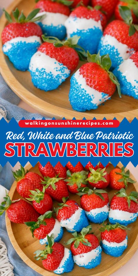 A simple 4th of July dessert you shouldn't miss! This red white and blue patriotic strawberries recipe is perfect to serve on your table on the 4th of July. white chocolate-covered strawberries coated in a sanding sugar just like the classic chocolate-covered strawberries! Patriotic Strawberries, Summer Dessert Table, Blue Strawberries, Memorial Day Desserts, Easy Impressive Dessert, 4th July Food, 4th Of July Dessert, Memorial Day Foods, White Chocolate Covered