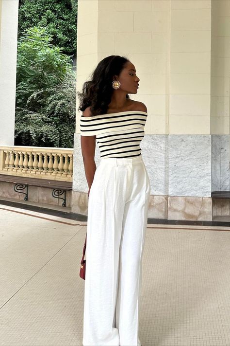 Striped Top Outfit Summer, Striped Top Outfit, Off The Shoulder Top Outfit, Shoulder Tops Outfit, 2023 Summer Outfits, 2023 Fashion Trends, Top Summer Outfits, Modest Casual Outfits, Oufits Casual