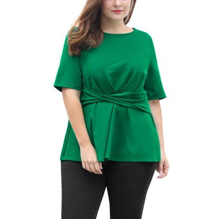 Unique Bargains Women's Plus Size Knot Front Short Sleeves Peplum Top Blouse Shirt, Size: 2XL, Green Short Sleeve Peplum Top, Plus Size Summer Casual, Plus Size Peplum, Peplum Tops, Casual Summer Tops, Plus Size Shorts, Comfy Fashion, Model Body, Body Size