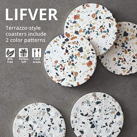 Terrazzo Kitchen, Terrazzo Coasters, Coasters With Holder, Coaster Crafts, Absorbent Coasters, Ice Cold Drink, Clay Diy Projects, Coaster Holder, Craft Cocktails