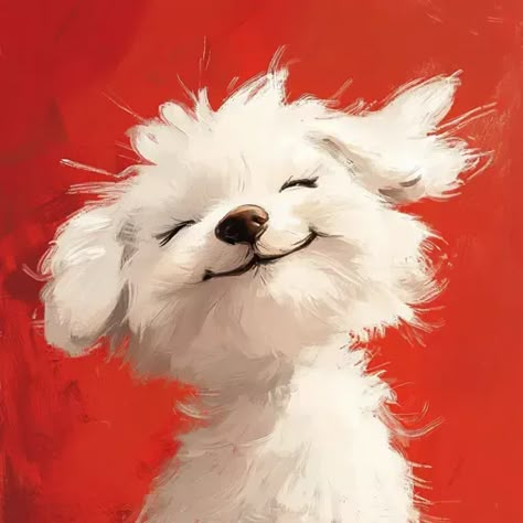 ↑↑↑ Larger size on website 🔸 A white dog with a fluffy coat smiles with its eyes closed, looking up with its head tilted slightly Fluffy White Dog Drawing, Dog Looking Up, Happy Dog Illustration, Fluffy Dog Drawing, White Dog Drawing, Puppy Digital Art, Bichon Frise Art, Bright Red Background, Cute Vibe