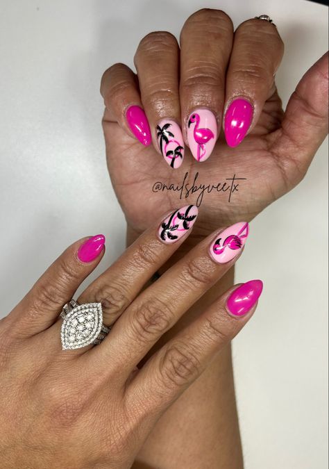 Hot Pink Palm Tree Nails, Hot Pink Beach Nails, Natural Nails Almond, Nails Flamingo, Hot Pink Summer Nails, Nails Palm Tree, Short Nails Pink, Nails Baby Pink, Almond Nails Short