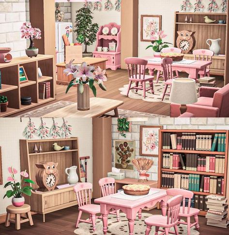 Animal Crossing Room Ideas Pink, Acnh Pink Room Ideas, Acnh Pink House Exterior, Acnh Pink House, Acnh Villagers Homes, Acnh List, Acnh Living Rooms Ideas, Teal Room Decor, Pink House Exterior