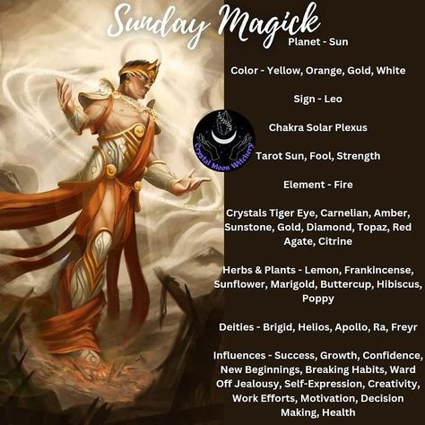 Credit: Crystal Moon Witchery Sunday Magick, Weekly Rituals, Witches Facts, Witchy Notes, Witch Kitchen, Witch Journal, Spiritual Tips, Paganism Spells, Aura Reading