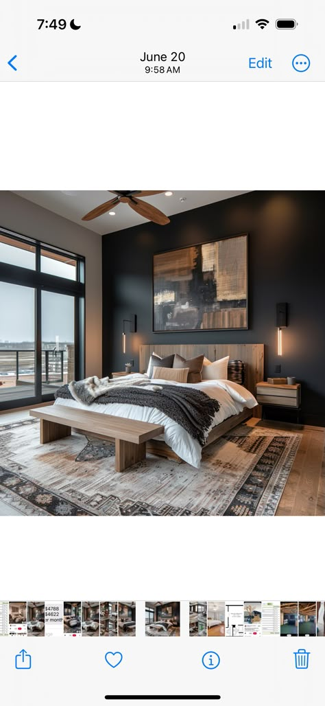 Mountain Modern Master Bed, Edgy Master Bedrooms Decor, Tan And Gray Bedroom, Mountain Modern Bedroom, Accent Wall For Bedroom, Modern Industrial Bedroom, Male Bedroom Ideas, Male Bedroom, Black Accent Wall